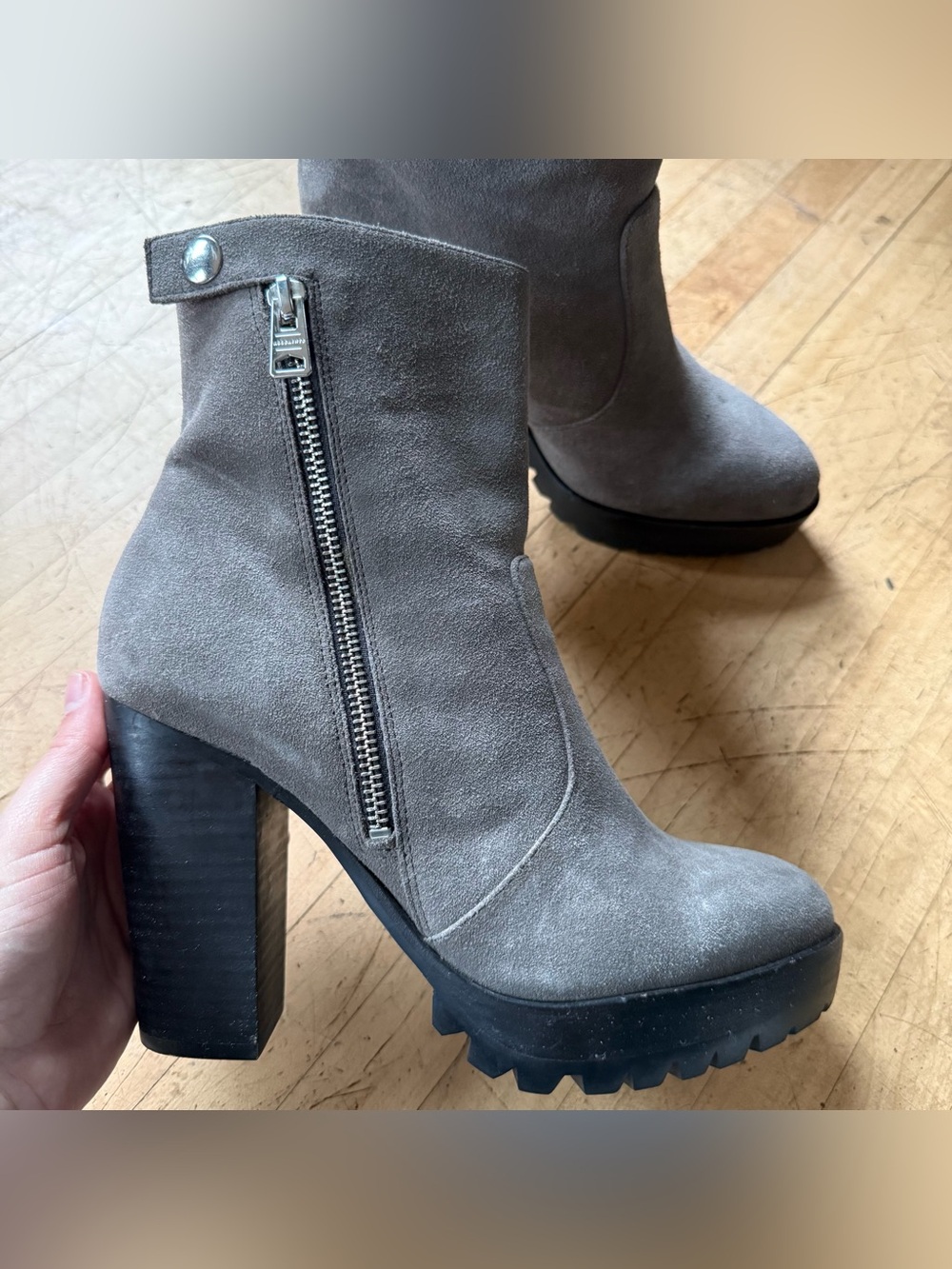 ALL SAINTS Grey Suede Lug Sole Zip Up Stacked Heel Moto Ankle Booties Ana 39